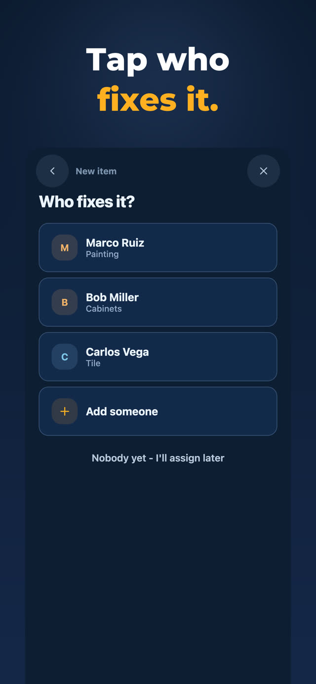 Punchlee app screen asking who fixes the item, with painters, cabinet installer and tile setter listed