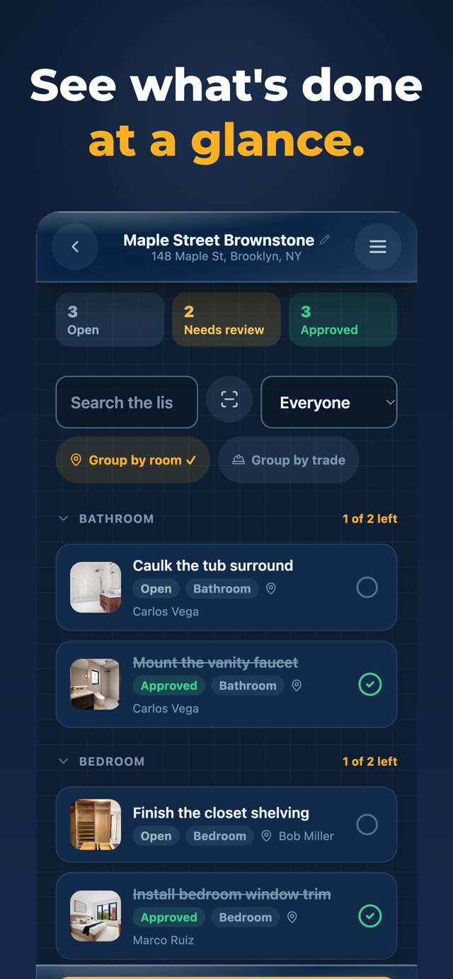 Punchlee app showing a punch list grouped by room with open, needs review and approved counts