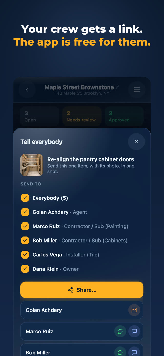 Punchlee share screen sending one item with its photo to the whole crew