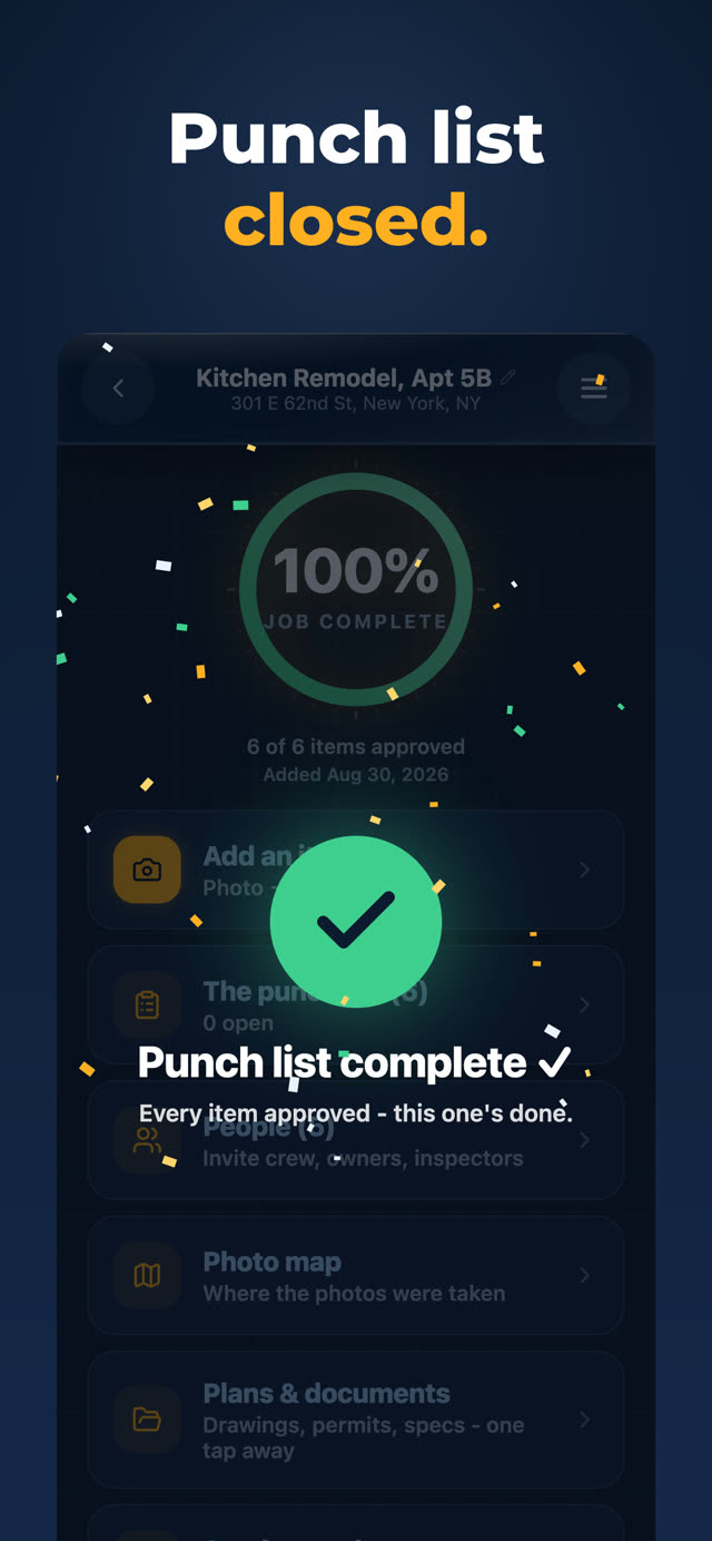 Punchlee app showing punch list complete, 100 percent approved, with confetti