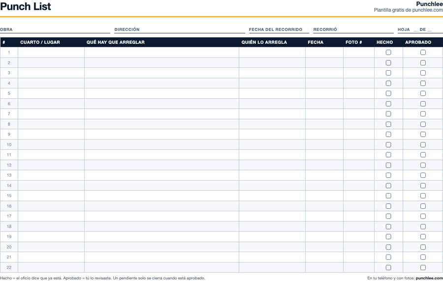 Plantilla de punch list para imprimir con columnas de lugar, qué hay que arreglar, quién lo arregla, fecha, foto, hecho y aprobado
