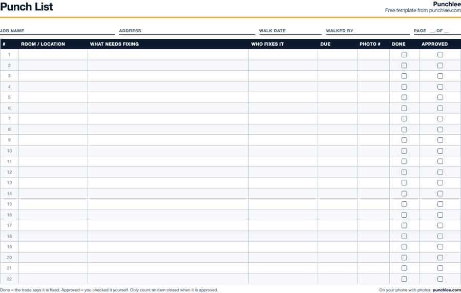 Printable punch list template with columns for room, what needs fixing, who fixes it, due date, photo number, done and approved